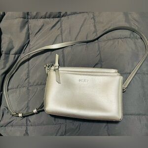 DKNY Metallic Silver Triple Zipper Crossbody